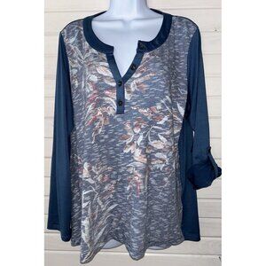 One World LIVE & LET LIVE Sz XL Blue Knit Henley Top Blouse Roll Tab Sleeves EUC